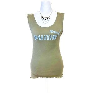 Puma Taupe Tank Top with Baby Blue Logo, Women’s Size Small.